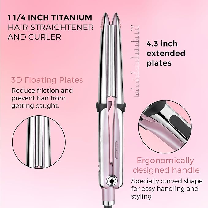 Professional Titanium Flat Iron with 1 1/4 Inch Floating Plates Hair Straightener and Curler 2 in 1 with 10 Adjustable Temp Up to 480 ℉ Negative Ion &amp Dual Voltage Fast Heating Hair Tools