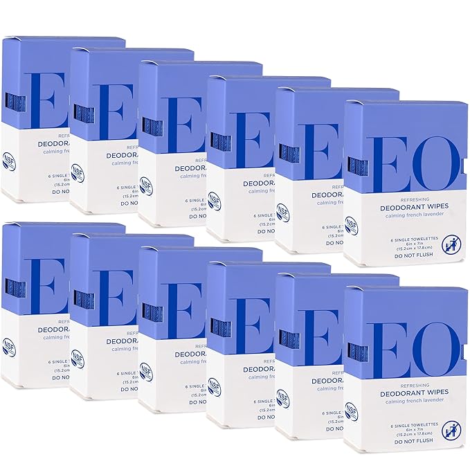 EO Deodorant Wipes Travel size 6 Individually Wrapped Wipes (Pack of 12) French Lavender made with Essential Oils for men and women
