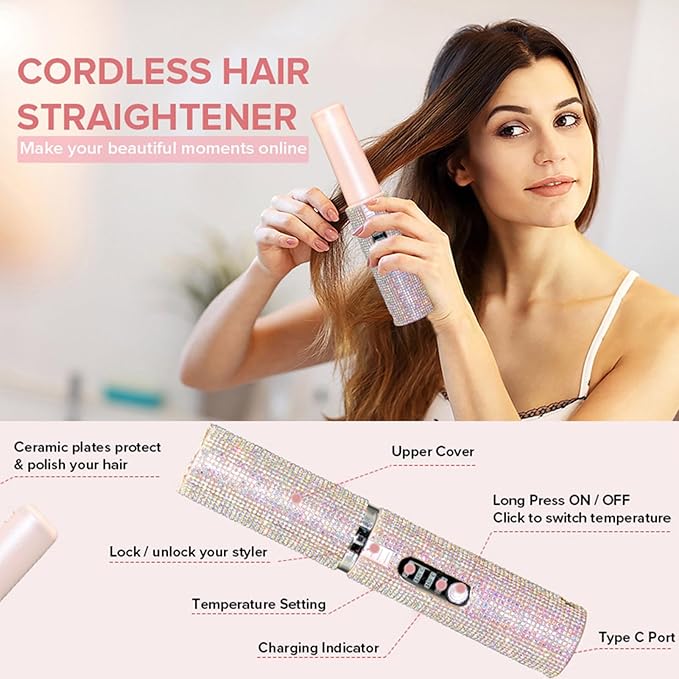 Hair Straightening Iron - Cordless Curler Portable Styler | Rechargeable Flat Tool Compact 2 in 1 Device with Ceramic Plates Professional Travel Accessory for Quick Heating Smooth Hairstyles