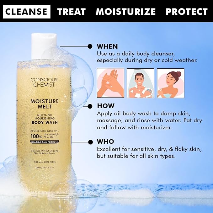 Conscious Chemist® Multi-Oil Body Wash Shower Gel | 300ml | Moisturizing Body Wash for Men &amp Women | Hydrates Dry Skin Enhances Glow &amp Softness | Gentle Formula Suitable for All Skin Types