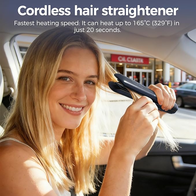 Cordless Hair Straightener Portable Hair Straightener Dual Voltage Travel Hair Straightener 2-in-1 Straightener &amp Curler USB-C Fast Charging Titanium Alloy Panel with Clips - Blue-Grey