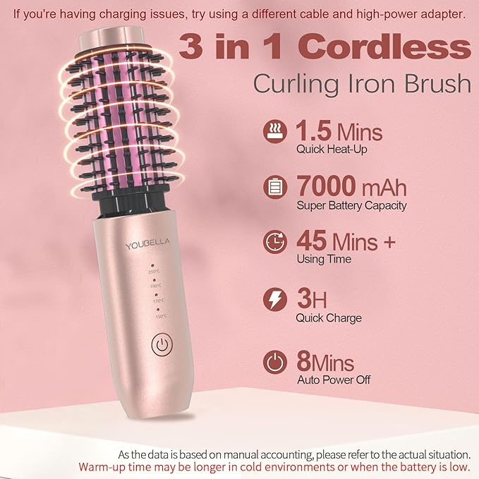 Youbella Cordless Hair Curling Iron Brush Mini Travel Hot Straightener Comb 3-in-1 Portable Wave Curling Wand 1.5″ Ionic Heated Brush USB Rechargeable Hair Curler Pink – No Automatic Rotation