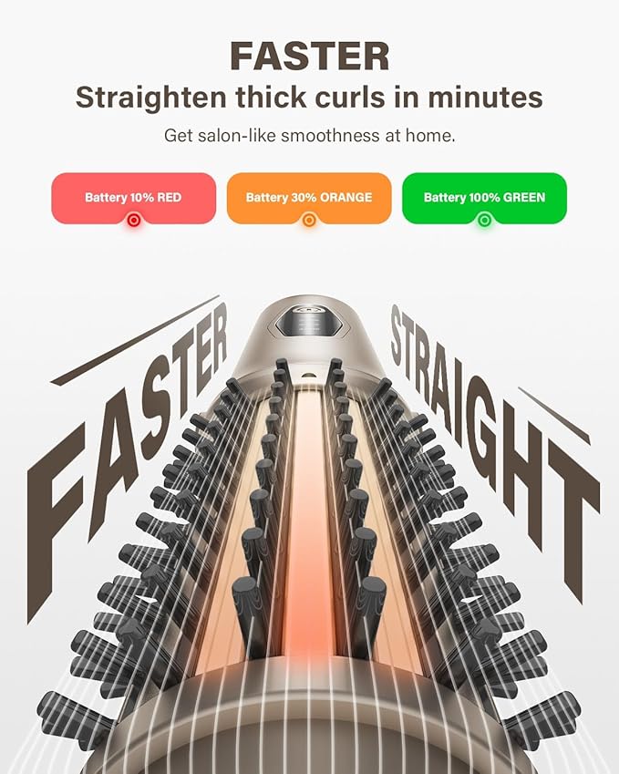 Cordless Hair Straightener Brush 2 in 1 Curling &amp Straightening Brush with 200 Million Negative Ions Mini Travel Hot Straightener Comb for Women Fast Heating &amp Dual Voltage