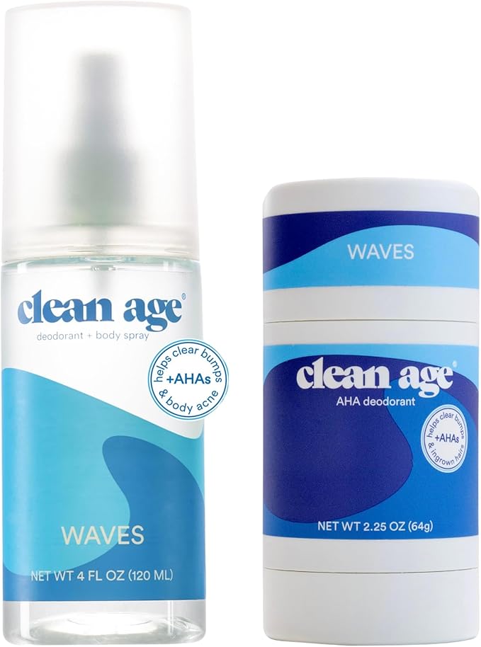 Aluminum Free Deodorant &amp Body Spray for Whole Body Bundle - Waves Scent - Clean Deodorant for Teen Boys and Girls - With AHA For Body Acne
