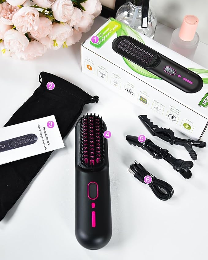 Sunwhisper Cordless Hair Straightener Brush with 200 Million Anion Portable Comb for Travel with LCD Display 2 Clips - Black