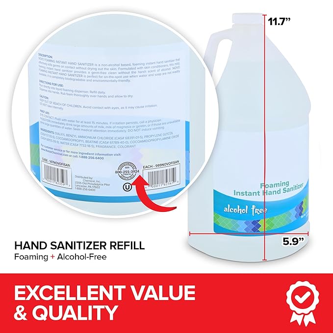 1 Gallon Foaming Hand Sanitizer Refill for Hand Sanitizer Pump and Automatic Dispensers Fragrance Free and Alcohol Free Hand Sanitizer for Sensitive Skin Liquid Hand Sanitizer Refill