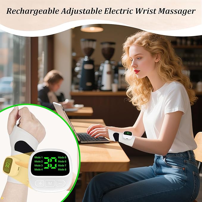 Rechargeable Electric Wrist Massager Rechargeable Heating Pad with 8 Modes &amp 30 Intensity Levels Ergonomic Wearable Design for Sports &amp Daily Use (Blue)