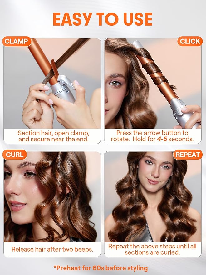 SHEGLAM Rotating Curling Iron Extra Long Curl Cycle 1 Inch Automatic Curling Wand for Long Hair Self Spinning Barrel up to 430°F Dual Voltage