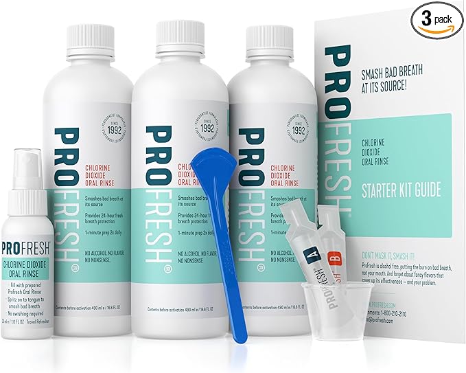 ProFresh Fresh Breath System Starter Kit Oral Rinse 16.9 Ounce Bottle (Pack of 3) with Prep Packs &amp Tongue Cleaner Alcohol Free Flavor Free