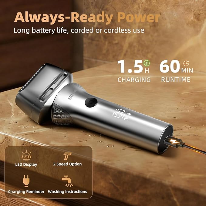 Ufree Foil Shaver with Pop-Up Trimmer 8500 RPM Electric Razor for Men Wet &amp Dry Electric Shaver with 2 Speed Modes LED Display Rechargeable Cordless IPX7 Waterproof Silver