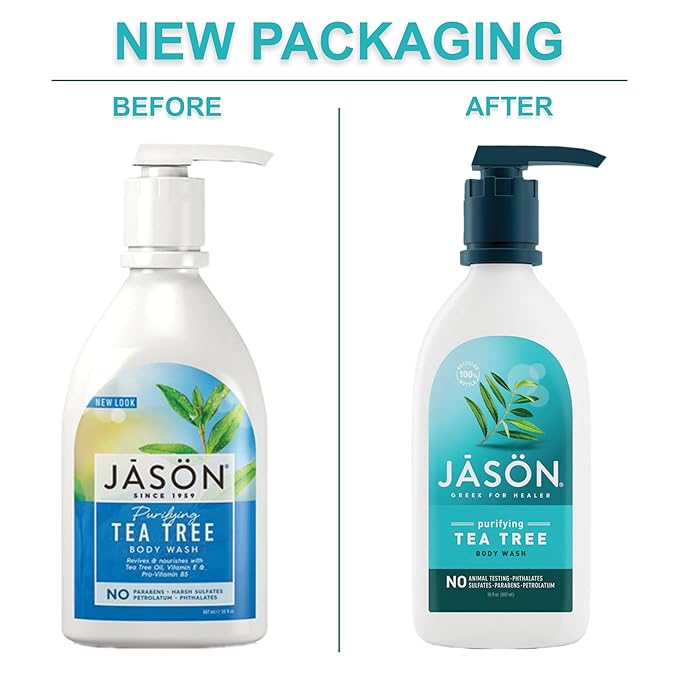 JASON Natural Body Wash &amp Shower Gel Purifying Tea Tree White 30 Fl Oz (Pack of 1) &amp Moisturizing Creme Vitamin E 25000 Age Renewal 4 Oz (Packaging may vary)
