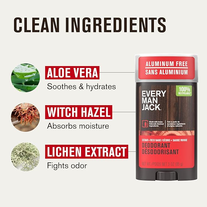 Every Man Jack Cedar + Red Sage Men’s Deodorant - Stay Fresh with Aluminum Free Deodorant For all Skin Types - Odor Crushing Long Lasting with Naturally Derived Ingredients - 3oz (3-Pack)