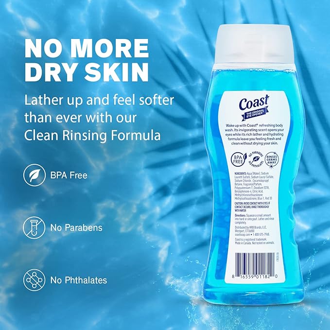 Coast 2-in-1 Hair and Body Wash Classic Scent - Men's Body Wash Shampoo &amp Conditioner - 6 Pack x 18 Fl Oz - Moisturizing &amp Refreshing Rich Lather for Energized And Clean Skin