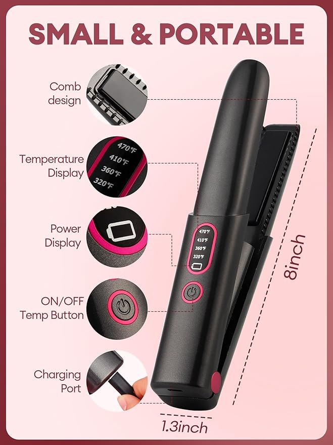 Mini Cordless Hair Straightener Rechargeable - 0.7 Inch Ceramic Fast Heat Up for Long Short Hair - 2 in 1 Styling Tool Small Flat Iron 320℉ 360℉ 410℉ 470℉