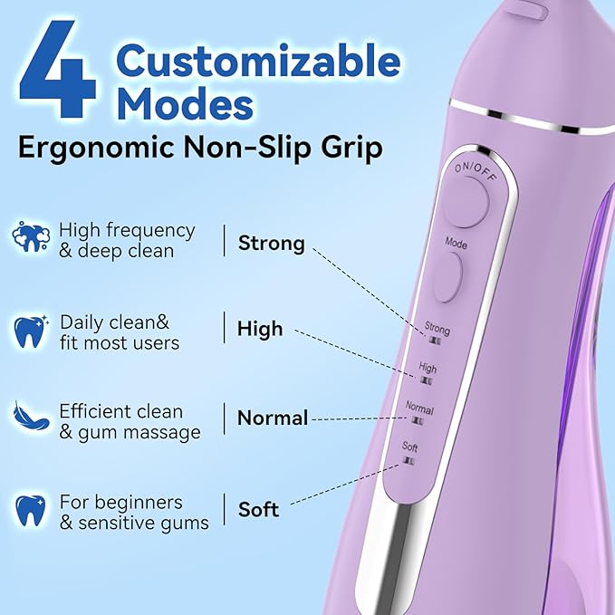 Cordless Portable Water Flosser with 300ML Tank: Rechargeable Oral Irrigator with 5 Tips for Travel Braces Care and Sensitive Gums IPX7 Waterproof Teeth Cleaning Device(Purple)