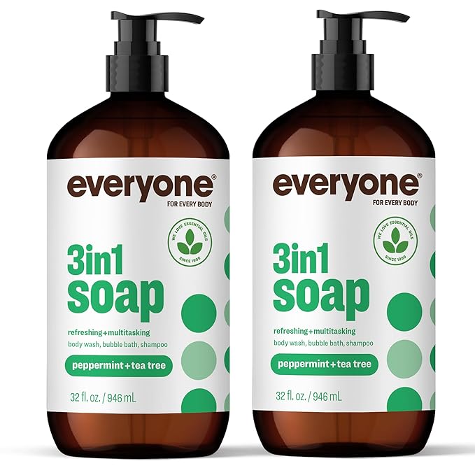 Everyone 3-in-1 Soap Body Wash Bubble Bath Shampoo 32 Ounce (Pack of 2) Peppermint Tea Tree made with Essential Oils for Men and Women
