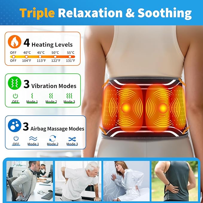 YUANBO Back Massager with Heat – Heated Massage Belt with Air Pressure Pads Heating Pad for Back Pain Relief with 4000mAh Battery – Gifts for Women Men and Family