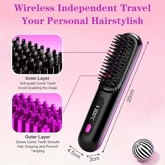 Go Brush Pro Cordless Hair Straightener Brush Portable Straightener Brushs for Travel Fast Heating Cordless Mini Hair Brushs with LED Display 3 Adjustable Temperatures Purple