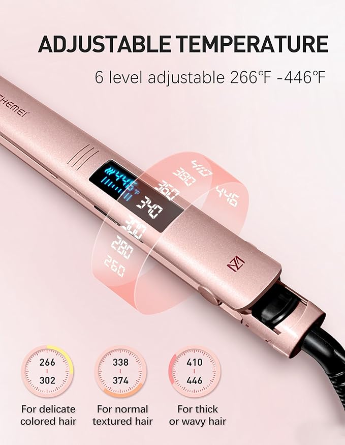 Hair Straightener 1 Inch Flat Iron Hair Straightener with LED Display Professional PTC Ceramic Negative Ion Hair Iron Dual Voltage for Women Hair Heats up to 446°F 6 Temps (Rosegold)