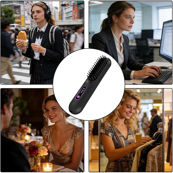 Hair Straightener Brush - Rechargeable 3-Temp Ceramic Styler - Portable Cordless Hair Straightening Brush - for Women Girls Long Short Styling Home Travel Party Daily Dating Wedding