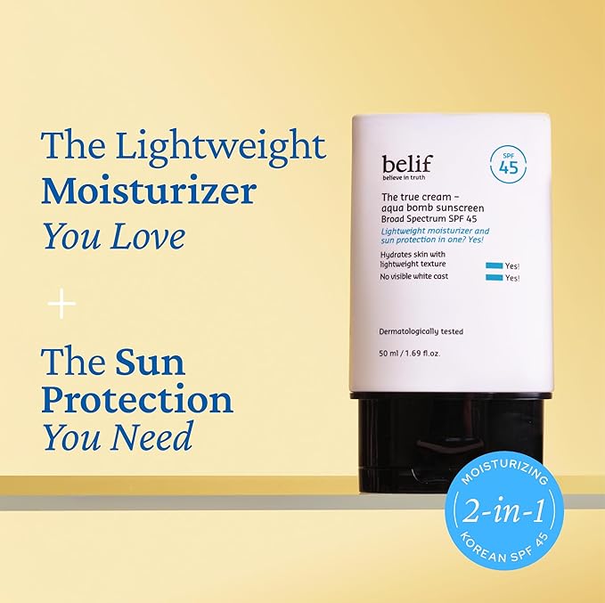 belif Aqua Bomb SPF 45 Hydrating Niacinamide Sunscreen (1.69 fl. oz) - The True Cream PA++++ Daily Broad Spectrum No White Cast Weightless &amp Invisible Non-Greasy Korean Skincare | Hydrating