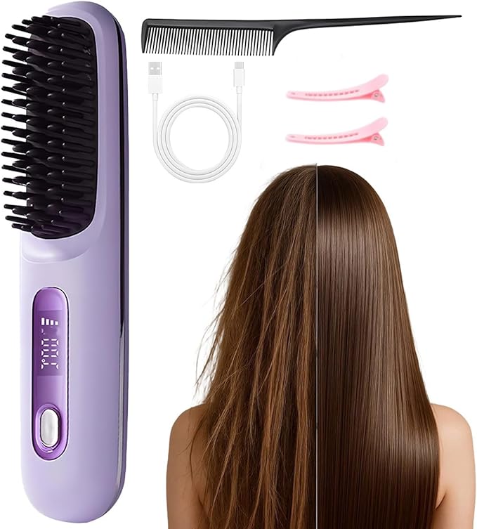 GO Brush 2026 Upgraded Cordless Hair Straightener Brush Pro Portable Mini Straightener Brushs for Travel Fast Heating Ceramic Electric Hair Comb with LED Display 3 Temperature Settings (Purple)
