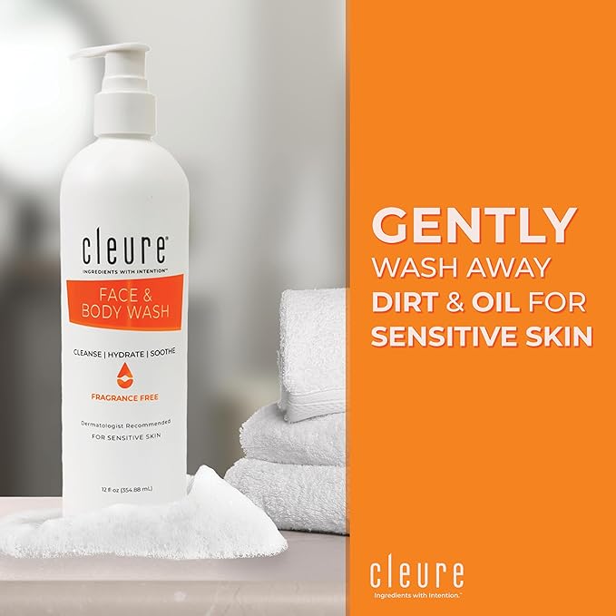 Cleure Face and Body Cleanser - Hypoallergenic Fragrance-Free Body Wash for Sensitive Skin &amp Eczema - Paraben &amp Sulfate Free PH Balanced Body Soap (12 oz Pack of 2)