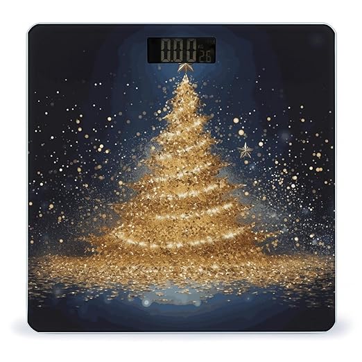 Golden Glitter Christmas Tree Scale for Body Weight Anti-Slip Sturdy Tempered Glass Weighing Machine Highly Digital Accurate Bright LCD Bathroom Scale for Household Gift