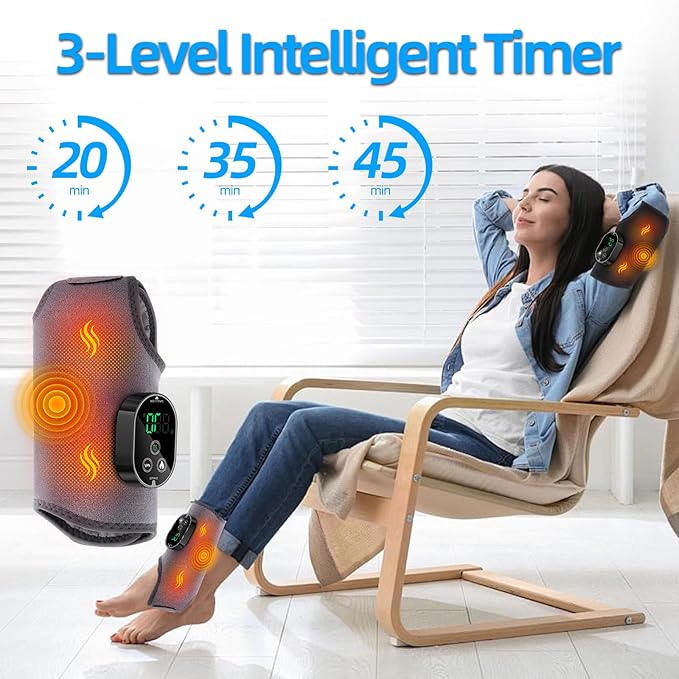 Cordless Ankle Massager with Heat and Vibration – 3 Vibration Levels 6 Heat Settings Rechargeable Auto Shut-Off Portable Foot Massager for Home Office Travel (Grey)