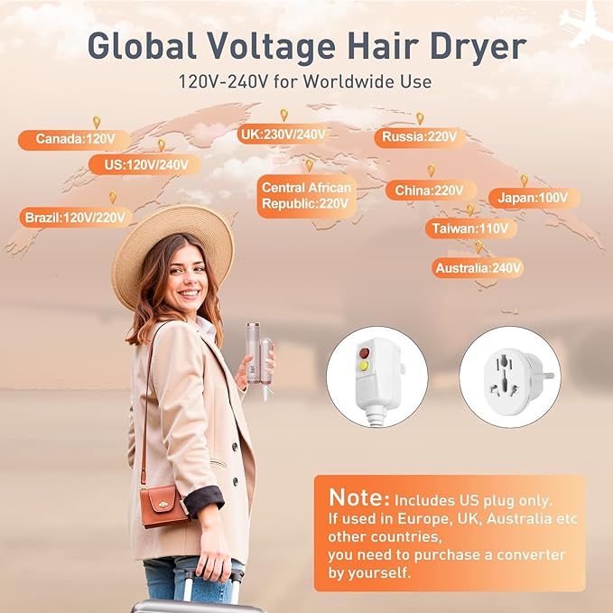 Quico Travel Hair Dryer Dual Voltage 120000 RPM Brushless Motor Fast Drying Hair Dryers for Women 500 Million Ionic Thermo-Control Foldable Blow Dryer with Cold 3 Heat &amp 3 Speed Settings Pink
