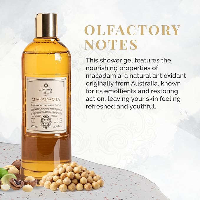 Logevy Macadamia Shower Gel – Indulgent Aroma Made from the Best Skin-Friendly Ingredients Rich in Nutritional Properties for Rejuvenating Hydrating and Soothing Action – 500ml
