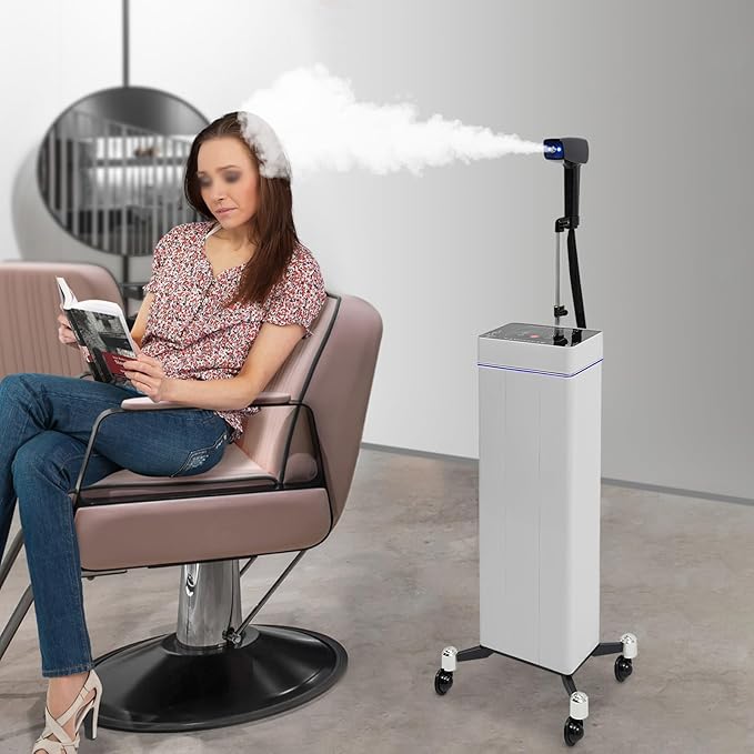 Electric Nano Hair Steamer 1200W 3-in-1 Standing Deep Conditioning Hair Steamer with Nano Spray Negative Ion Blue Light Intelligent HeatingAdjustable Mobile Hair Care Machine for Salon Spa(White)