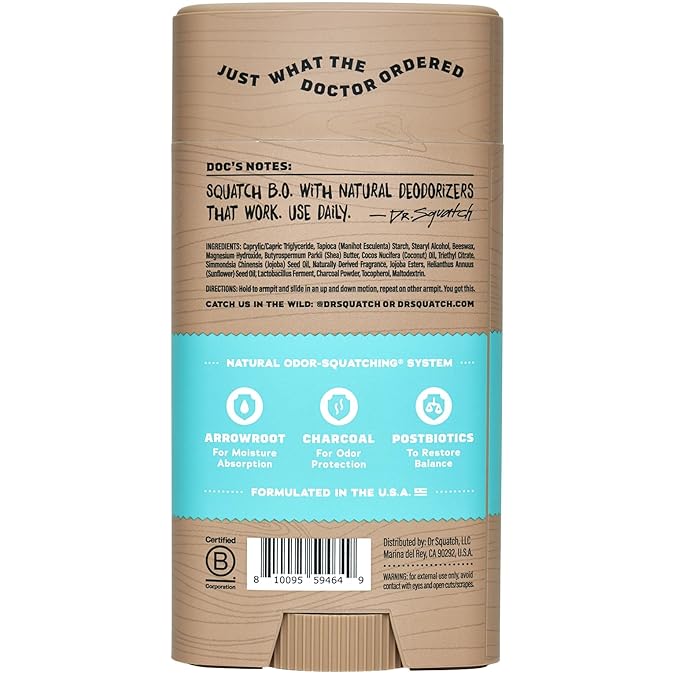 Dr. Squatch Natural Men’s Deodorant – Aluminum Free Natural Deodorant Men with Charcoal &amp Postbiotics for 72-Hour Odor Protection – Coconut Castaway 2.65oz Stick (3-Pack)