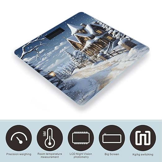 Christmas Winter Happy Scene Scale for Body Weight Safe Rounded Corners Tempered Glass Digital Bathroom Scale LED Display 400lb Capacity Weight Scales with High Precision Sensors