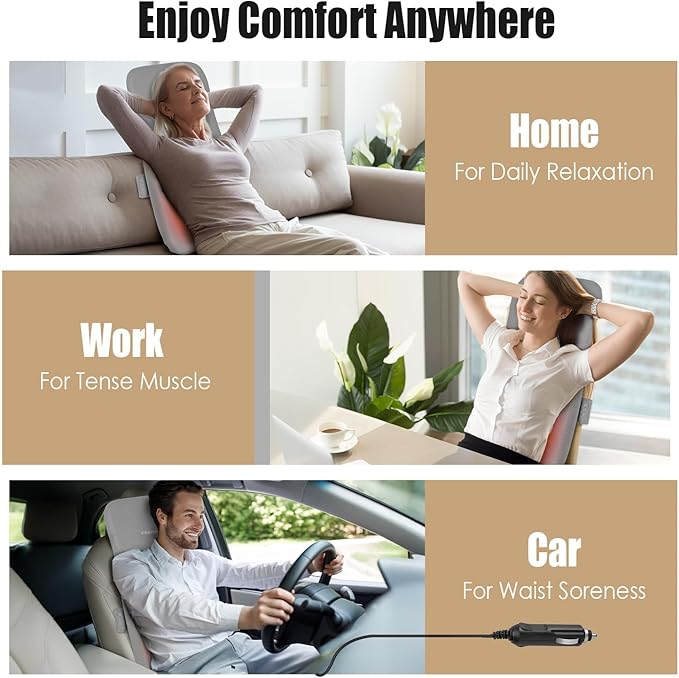 Full Back Massager 3D Pain Relief Deep Tissue Soothing Heating Electric Massage Pillow with Rolling Kneading Nodes for Home Office Car Use Gifts for Mom Dad Women Men