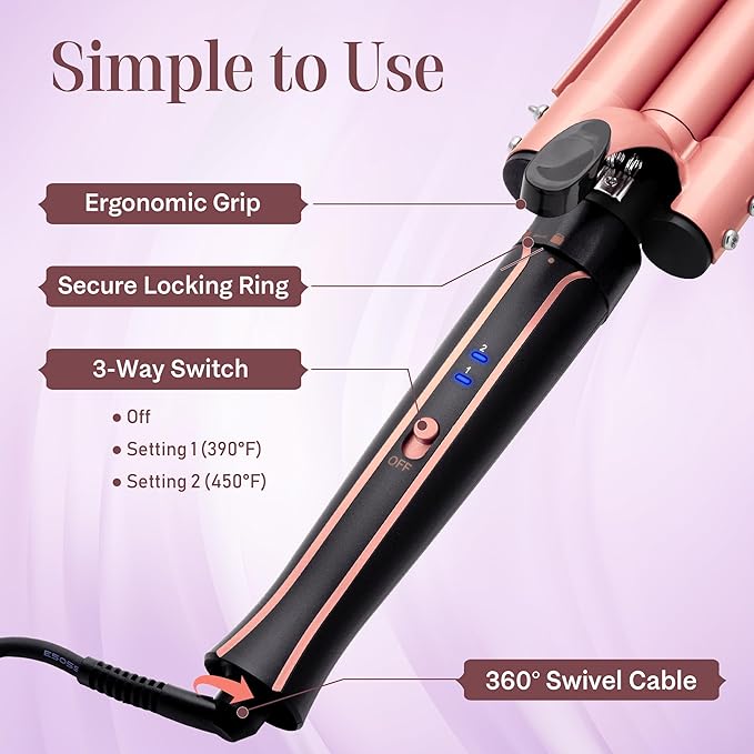 Asani Curling Iron Wand Set 6-in-1 - Beachwaver Hair Curler with 3 Barrel Hair Crimper Tapered Spiral Curling Iron - Fast Heating Travel Hot Styling Tools for Women with Dual Voltage (110-240V AC)