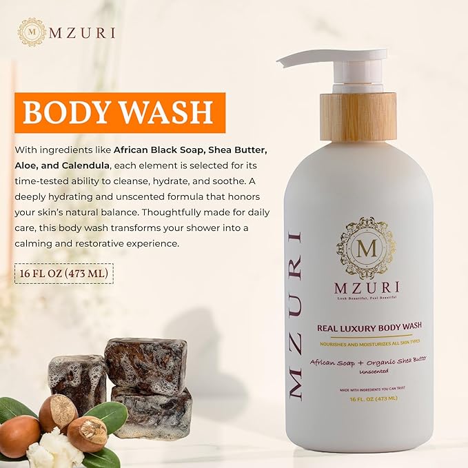 MZURI Unscented Body Wash African Black Soap Organic Shea Butter and Calendula Moisturizing Hydrating and Gentle Formula for Dry Sensitive Skin Paraben-Free Luxury Body Wash - 16 Fl. Oz