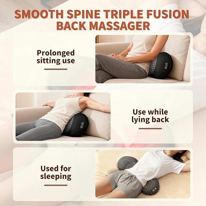 Portable 3-in-1 Rechargeable Pillow: Triple Fusion Back Massager Smooth Spine Massager Sciatica &amp Lumbar Massager with Heat Vibration Traction