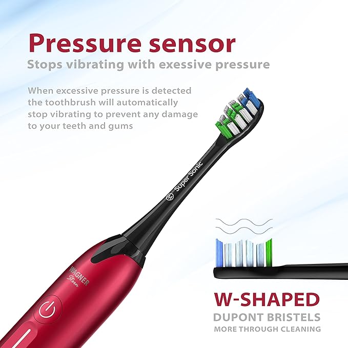 Wagner Stern Ultrasonic whitening Toothbrush with Pressure Sensor. 5 Brushing Modes and 4 Levels of Intensity 8 Soft bristles Travel case.