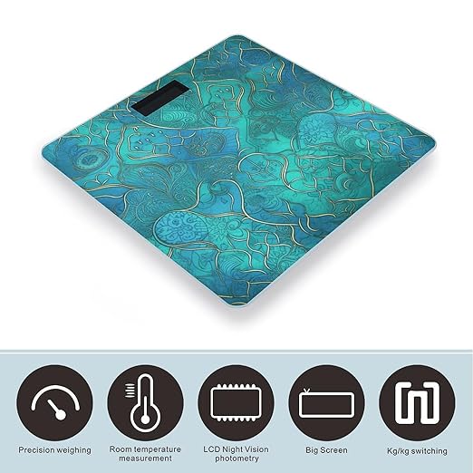 Turquoise Pattern Weight Scale Large Bathroom Scales Digital Weight with Bright LED Display Non Slip Automatic Weighing Scale Fashion Weighing Machine for Body
