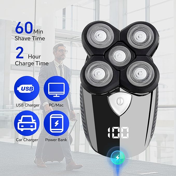 Bald Head ShaverElectric Head Shavers for Bald Men 5-in-1 Head and Face Grooming Kit Waterproof Cordless Rotary Razor and USB RechargeableGifts for Men