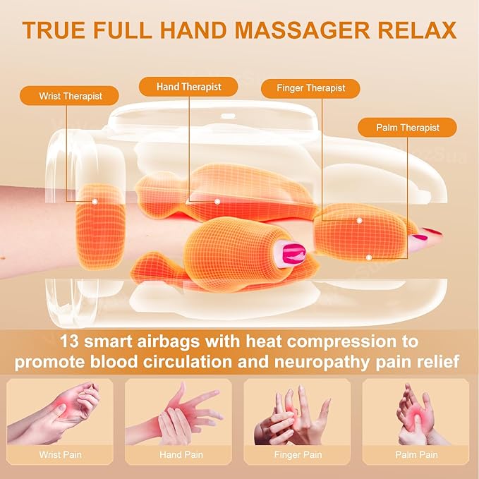 Full Hand Massager with Heat and Compression for Arthritis and Carpal Tunnel Adjustable Hand Massage、 Temperatures、 Compression Models Blood Circulation Pain Therapy Relax Relief Glove Gift