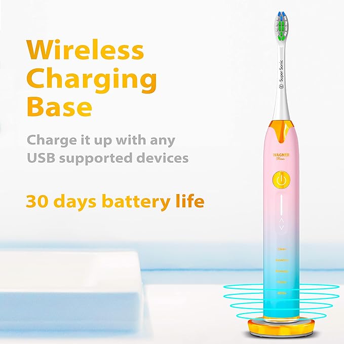 Wagner Stern Ultrasonic whitening Toothbrush with Pressure Sensor. 5 Brushing Modes and 4 Levels of Intensity 8 Soft bristles Travel case.