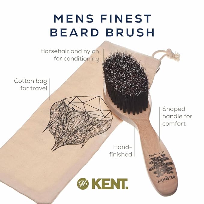 Kent Beard &amp Mustache Set - BRD5 Horse Hair + Nylon Bristle Brush 81T + FOT Handmade Sawcut Combs Pistol-Grip Wood Handle Dry/Wet Use Distributes Oils &amp Balms - Full Grooming Kit for Men
