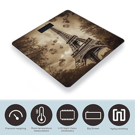 Paris Eiffel Tower Scale for Body Weight Anti-Slip Digital Bathroom Scale Sturdy Toughened Glass Weighing Scales High Precision Safe Rounded Corners Smart Scales