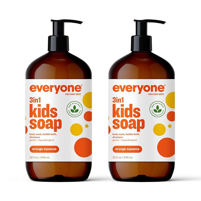 Everyone 3-in-1 Kids Soap Body Wash Bubble Bath Shampoo 32 Ounce (Pack of 2) &amp Liquid Hand Soap 12.75 Ounce (Pack of 3) Meyer Lemon and Mandarin Plant-Based Cleanser with Pure Essential Oil