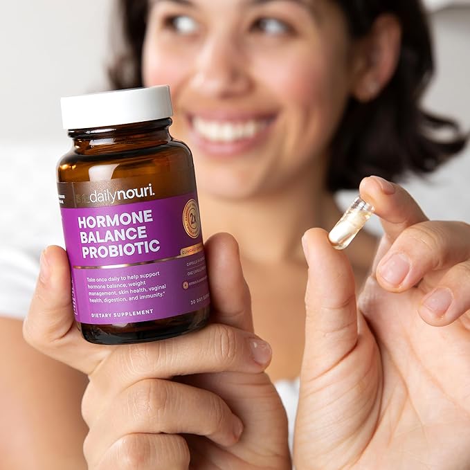 Daily Nouri Hormone Balance Probiotics for Women | Hormone Balance for Women | PMS Hormonal Acne &amp Bloating Support | 7 Clinically Studied Strains + Omega | 60-Day Supply