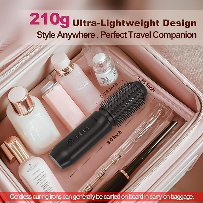Youbella Cordless Hair Curling Iron Brush Mini Travel Hot Straightener Comb 3-In-1 Portable Wave Curling Wand 1.5″ Ionic Heated Brush USB Rechargeable Hair Curler All Black –No Automatic Rotation