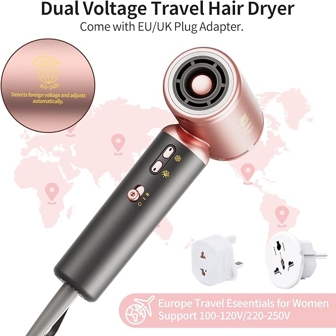 Dual Voltage(100~250V) Travel Mini Hair Dryer with European Plug Adapter for International Travel 110000 RPM High-Speed Portable Hair Dryer with Concentrator Nozzles