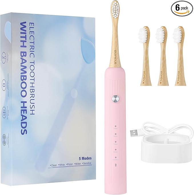 Bamboo Electric Toothbrush for AdultsSonic Electric Toothbrush with 4 Bamboo Heads Soft Castor Oil Bristles 5 Modes Smart Timer Sonic Technology IPX7 Waterproof 70-Day Battery Life-Pink
